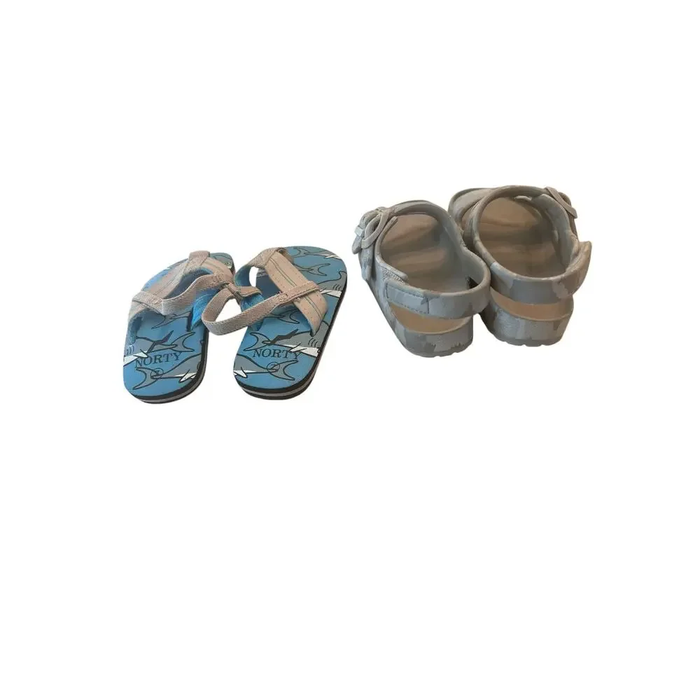 Cat & Jack 7/8 / Norty 7 Boy's Blue Gray Playground School Sandal Bundle